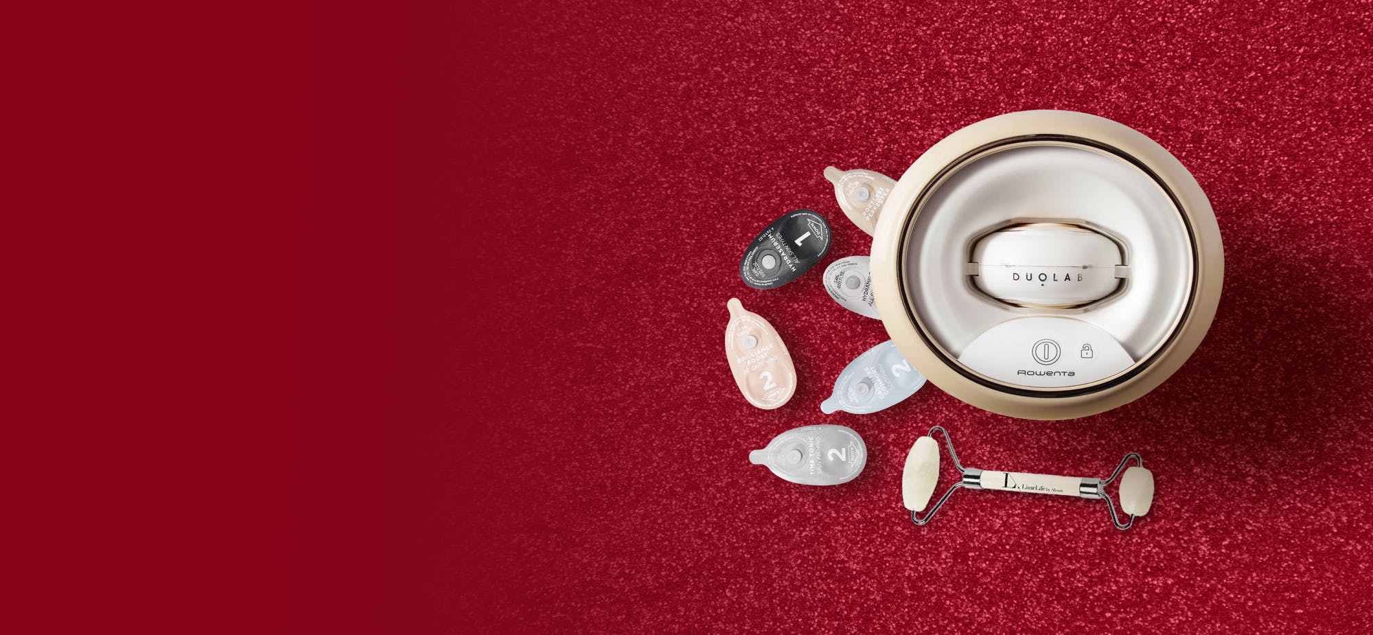 LimeLife's DUOLAB Skincare System with capsules on a red background