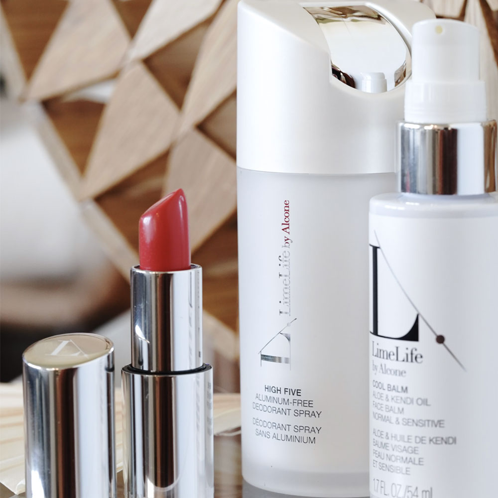 LimeLife's Perfect Lipstick, High Five Deodorant and Cool Balm on a table